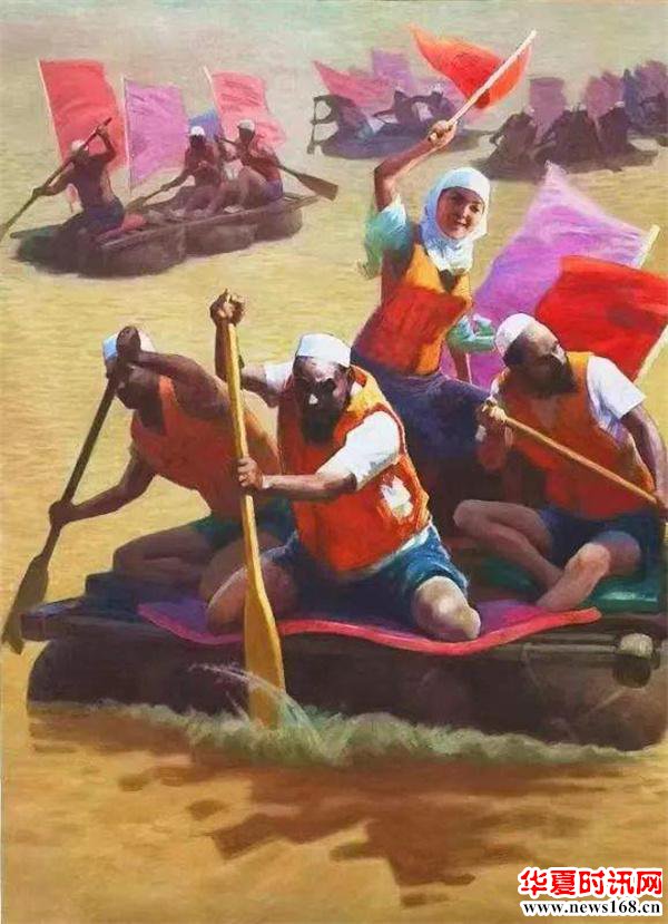 王国征油画作品《撒拉黄河皮筏赛》