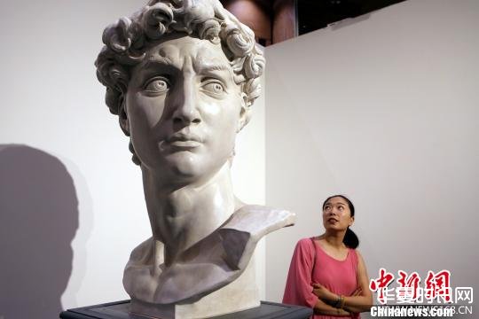 7月14日，国家体育场(鸟巢)建成后举办的首个国际艺术展——米开朗基罗国际艺术展在北京开幕。图为一名女观众绕着大卫头像雕像仔细观看。(完) 李慧思 摄